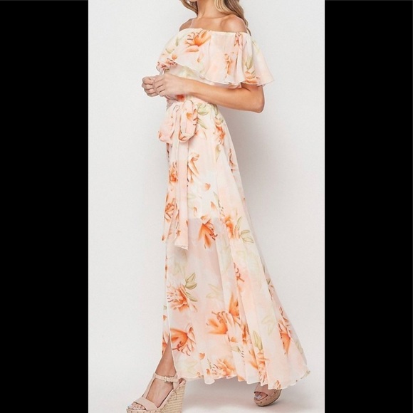 PETAL ROZ Blush Pink Off-the-Shoulder Flower Print Maxi Dress Size: S - Picture 2 of 13